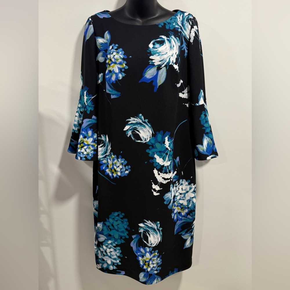 Calvin Klein Black Bell Sleeve Dress with Blue Floral Design
